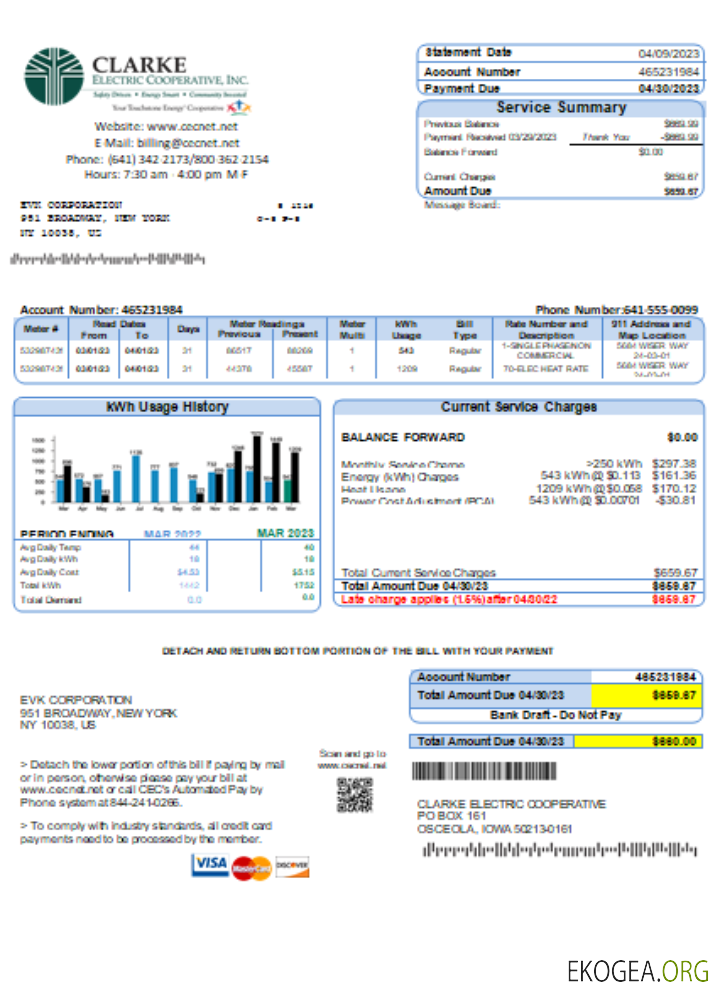 Facture commerciale de services publics de Clarke Electric Co Op Inc, SCR